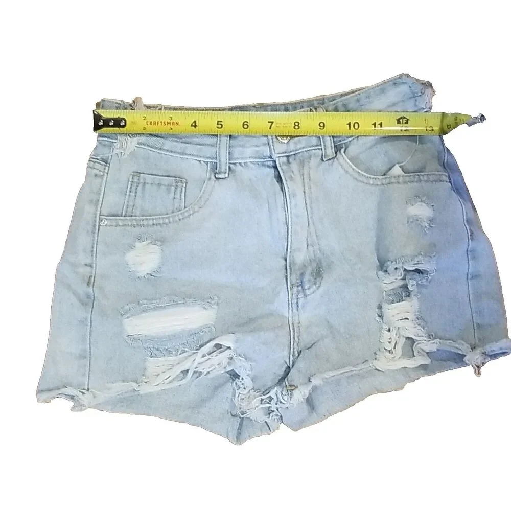 SHEIN High Rise Distressed Denim Shorts 26 Light Wash Cutoff Summer Festival Y2K